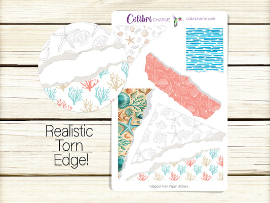 Tidepool Torn Paper Stickers, Beachcomber Deco Planner Stickers, Distressed Ripped Paper