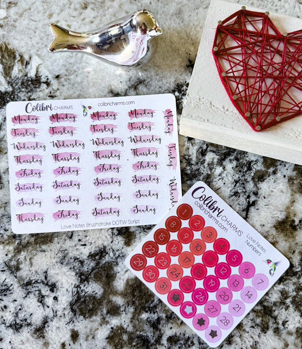 Love Notes Brushstroke Days of the Week Planner Stickers, Pink Valentine Watercolor DOTW, Number Stickers, Date Dots