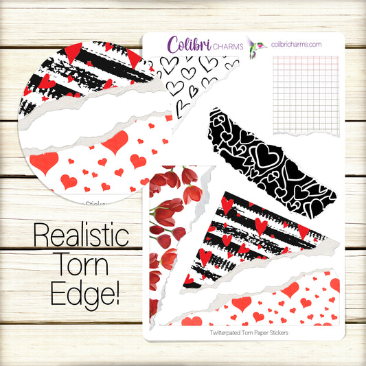 Twitterpated Torn Paper Stickers | Valentine Deco Planner Stickers | Distressed Ripped Paper