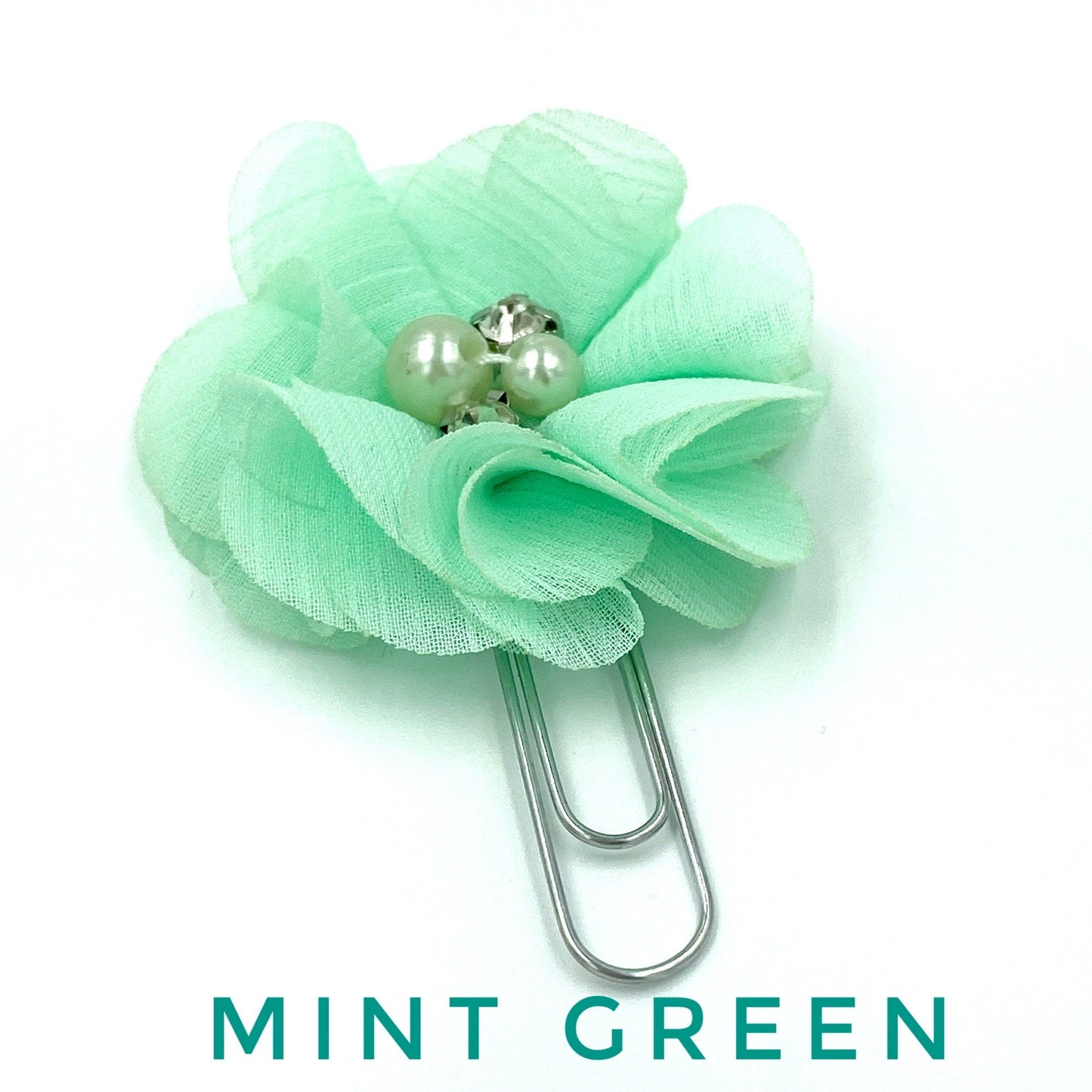 Rhinestone and Pearl Floral Clips | Chiffon Flower Planner Clip | Flower Paper Clip