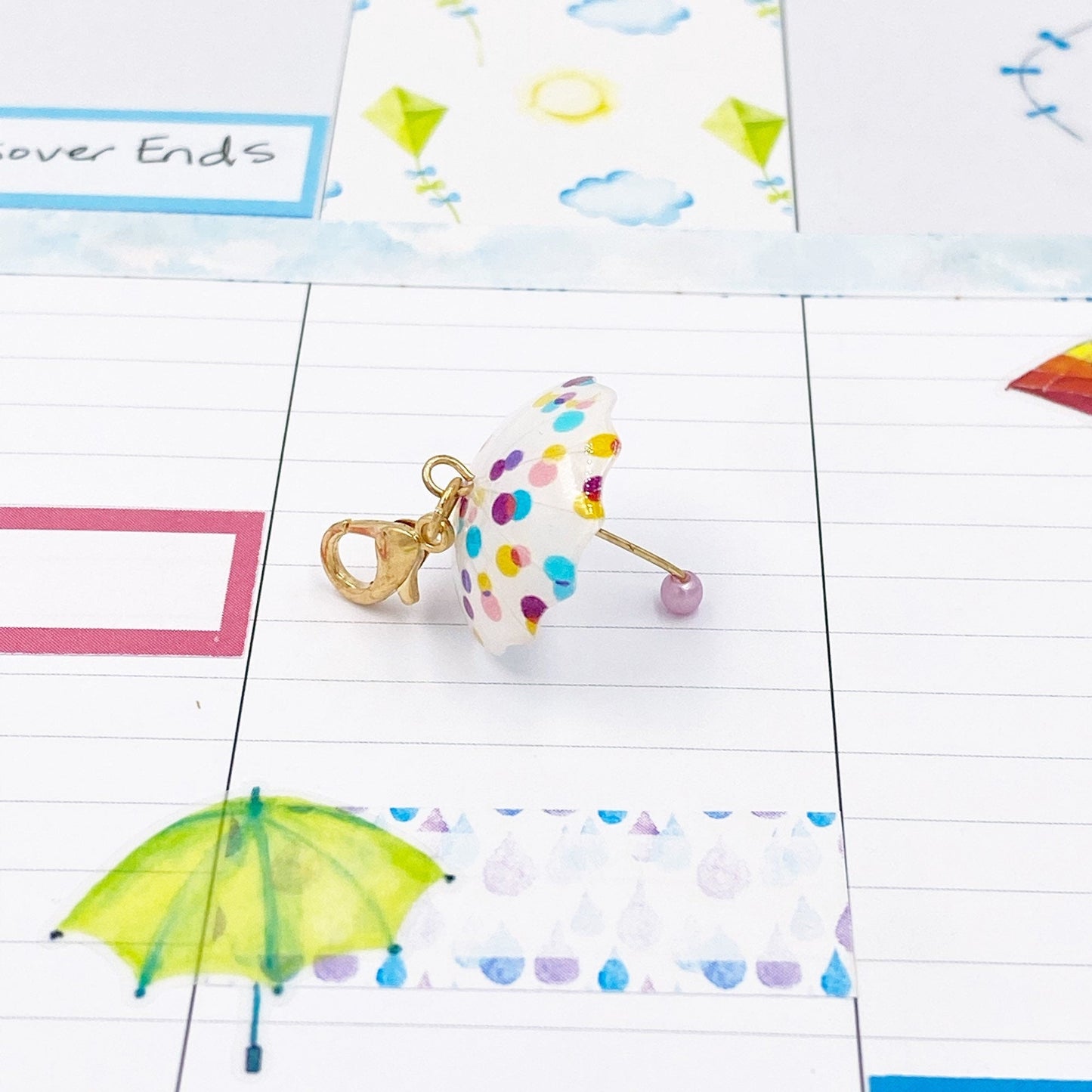 Rainbow Umbrella Bookmark | Colorful 3D Umbrella Charm | Polka Dot Umbrella Stitch Marker