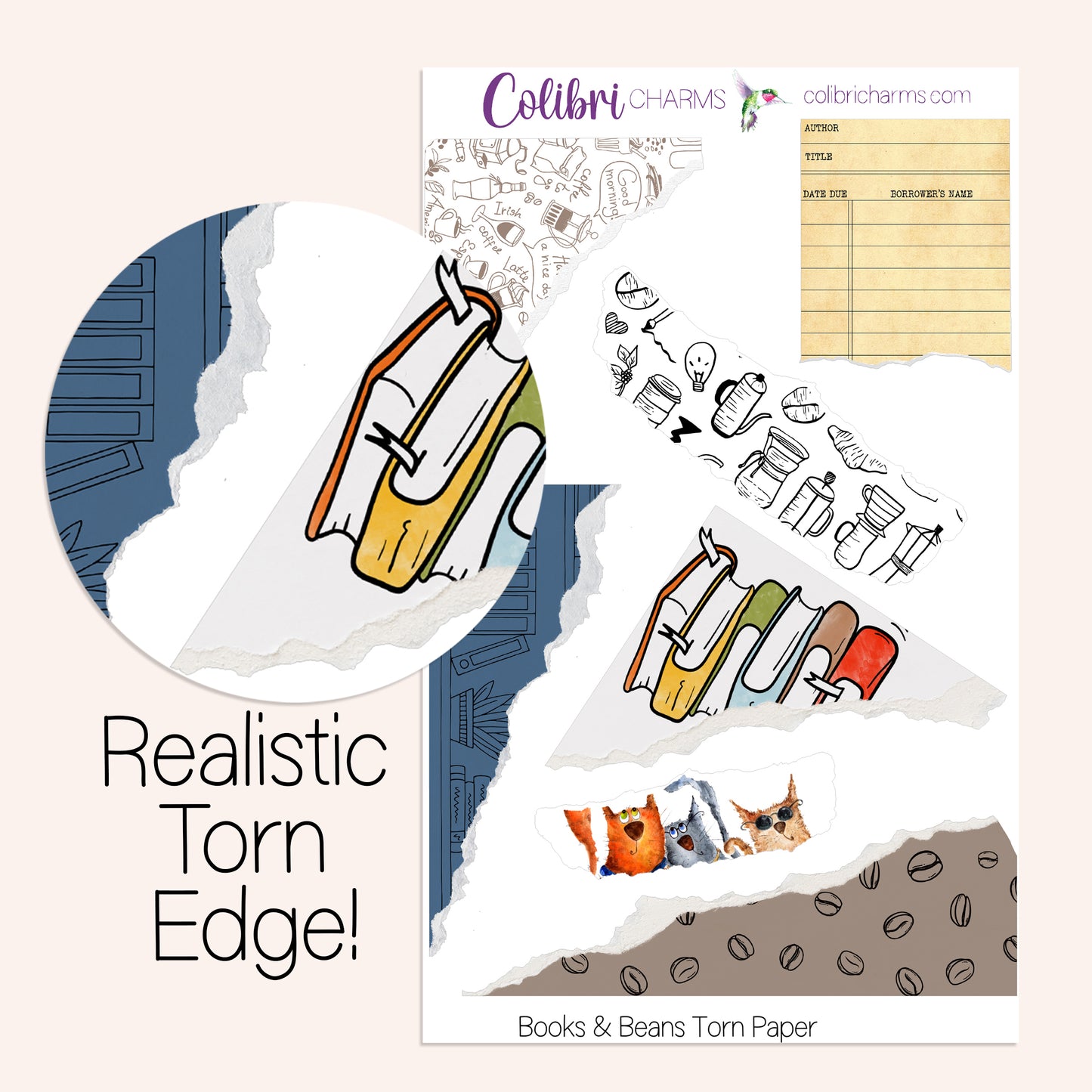 Books & Beans Torn Paper Stickers | Avid Reader | Coffee Lovers Planner Stickers | Cat Lover Planner Stickers | Ripped Paper