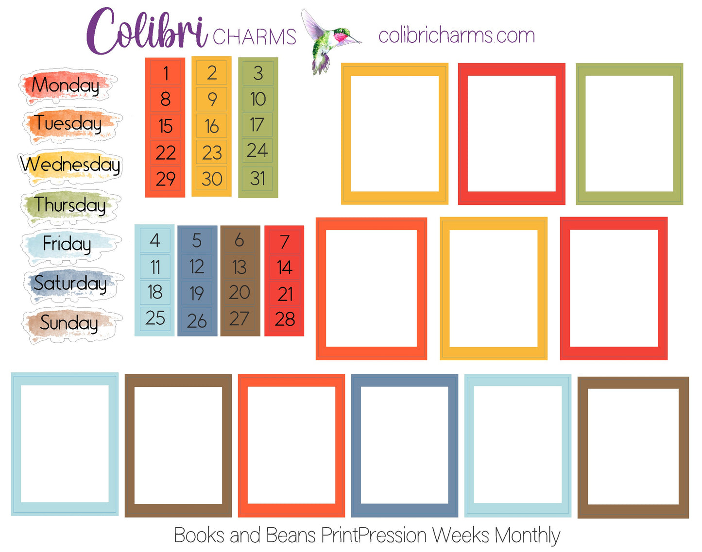 Books & Beans PrintPression Weeks Monthly Planner Stickers | Colorful Watercolor DOTW | Tiny Number Stickers | Date Dots