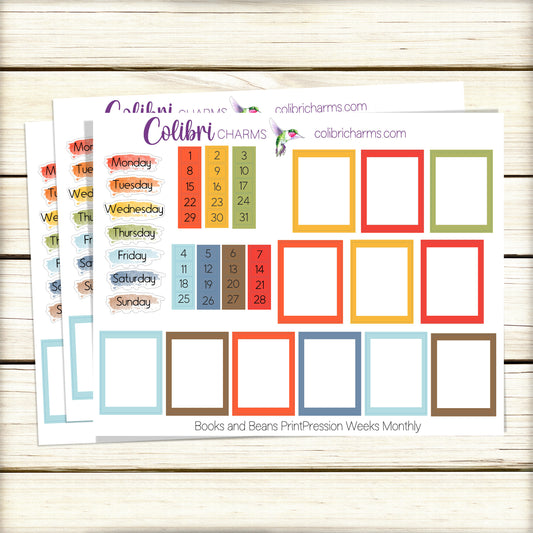 Books & Beans PrintPression Weeks Monthly Planner Stickers | Colorful Watercolor DOTW | Tiny Number Stickers | Date Dots