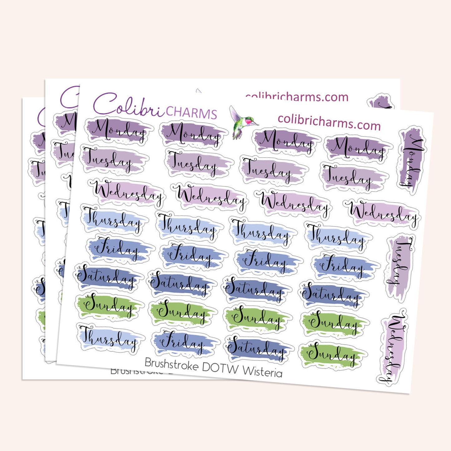 Brushstroke Days of the Week Planner Stickers in Wisteria | Watercolor DOTW Stickers | Script Daily Stickers | Date Dots | Date Stickers