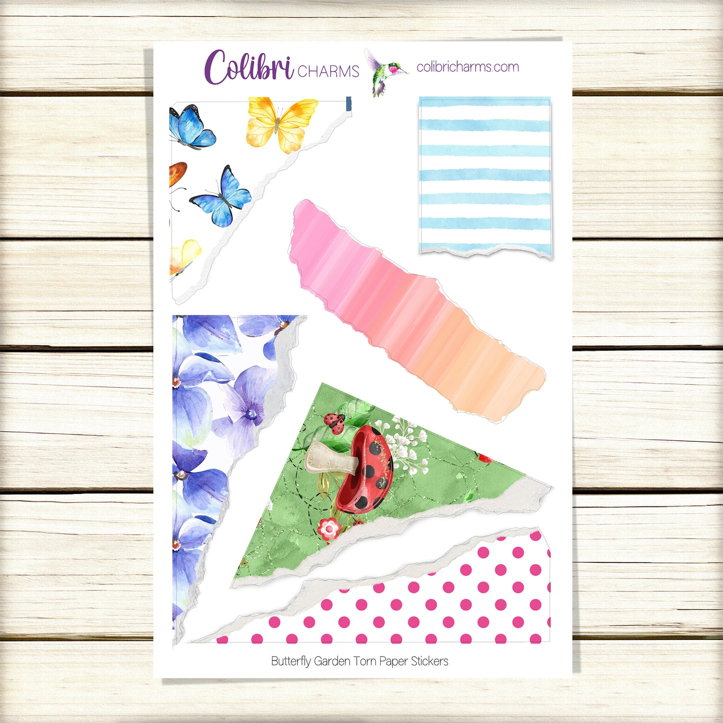 Butterfly Garden Torn Paper Stickers | Spring Deco Planner Stickers | Distressed Ripped Paper