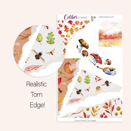 Forest Friends Torn Paper Stickers | Autumn Animals | Fall Deco Planner Stickers | Distressed Ripped Paper