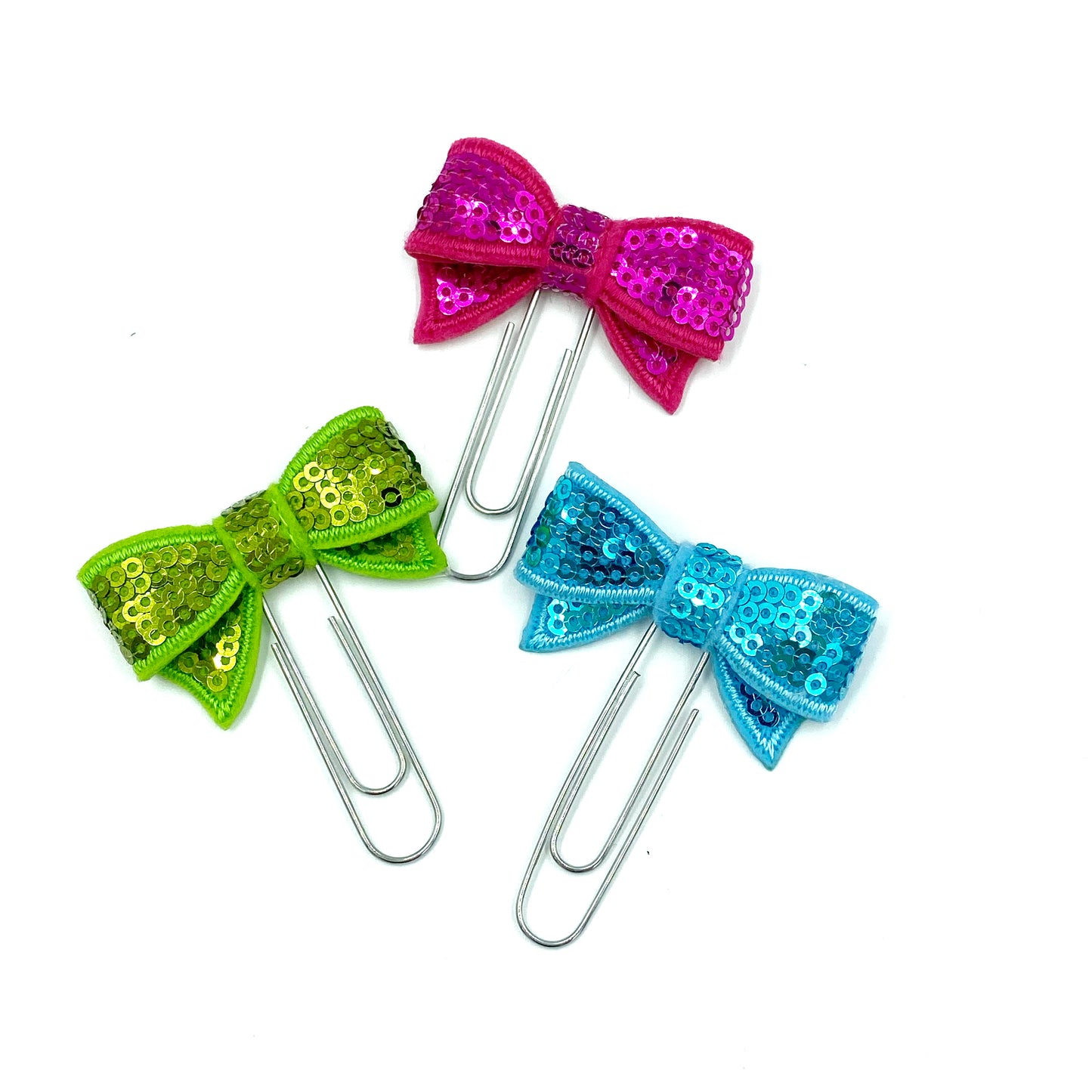 Green Bow Clips | Pink Sequined Planner Clip | Turquoise Sparkly Clips | Fancy Paper Clips