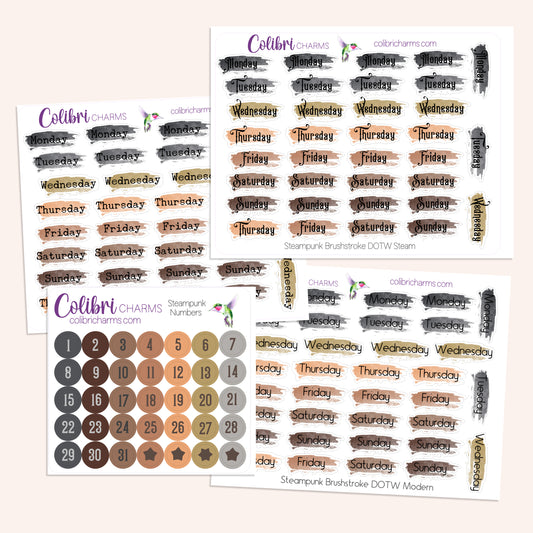 Steampunk Brushstroke Days of the Week Planner Stickers | Neutral Watercolor DOTW | Like Clockwork Number Stickers | Date Dots