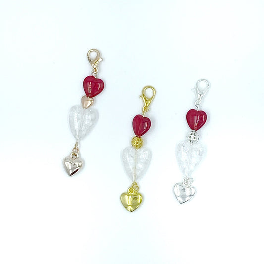 Beaded Heart Charm | Rose Gold Dangle | Valentine Bead Charm | Crackle Heart Valentine's Day Charm