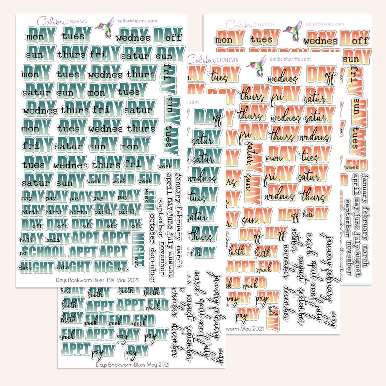 Bookworm Days of the Week Planner Stickers | Blues DOTW Stickers | Sunset Daily Stickers