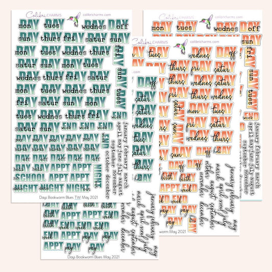 Bookworm Days of the Week Planner Stickers | Blues DOTW Stickers | Sunset Daily Stickers