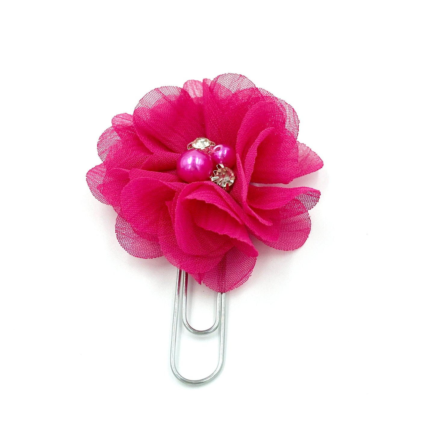 Rhinestone and Pearl Floral Clips | Chiffon Flower Planner Clip | Flower Paper Clip