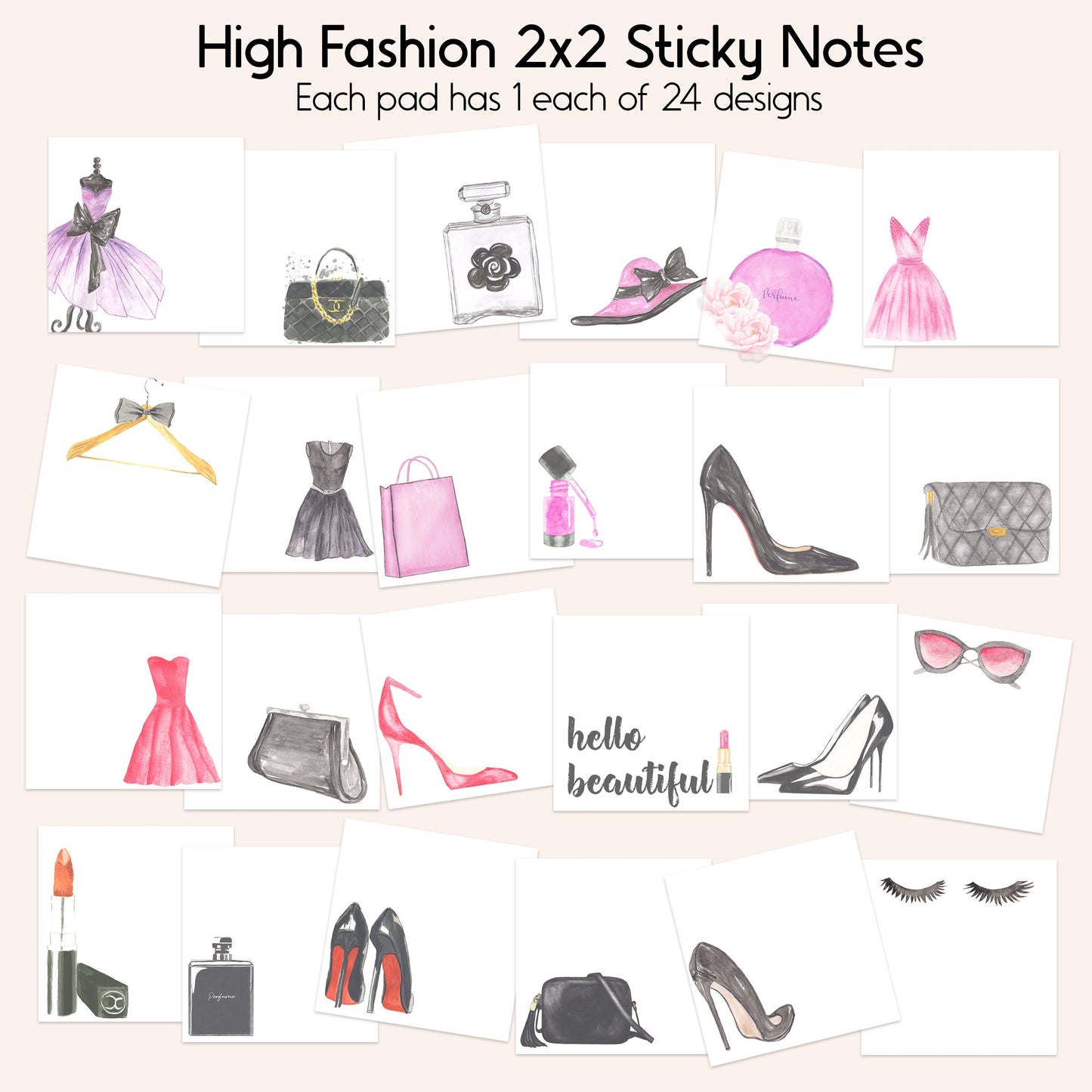 High Fashion Sticky Notes | Pad of 24 Stylish Post Its | Couture Stickies | 2x2 Sticky Notes | 3x3 Sticky Notes | Runway Planner Stickers