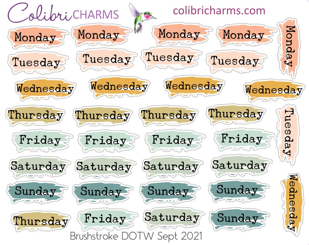 Brushstroke Days of the Week Planner Stickers September 2021 | Watercolor DOTW Stickers | Number Stickers | Date Dots | Date Stickers