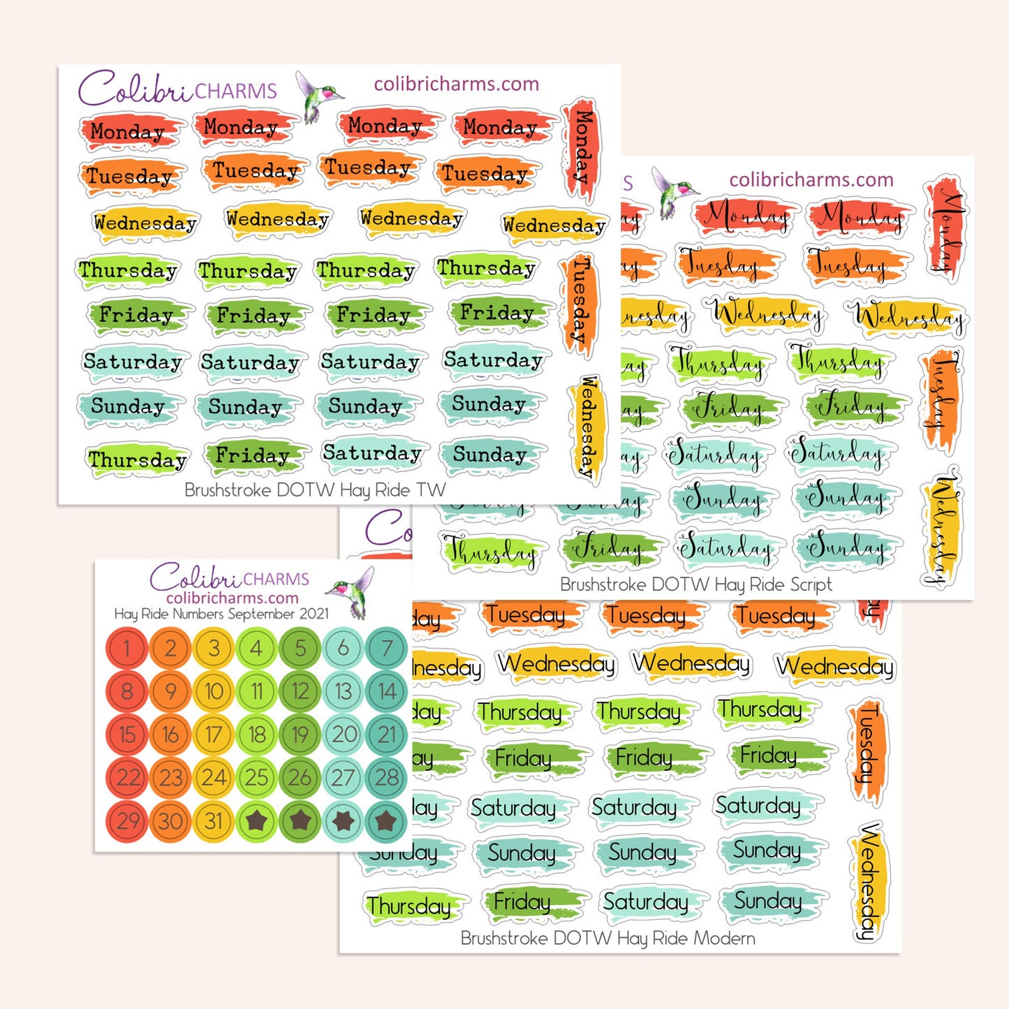 Hay Ride Brushstroke Days of the Week Planner Stickers | Watercolor DOTW Stickers | Number Stickers | Date Dots | Date Stickers