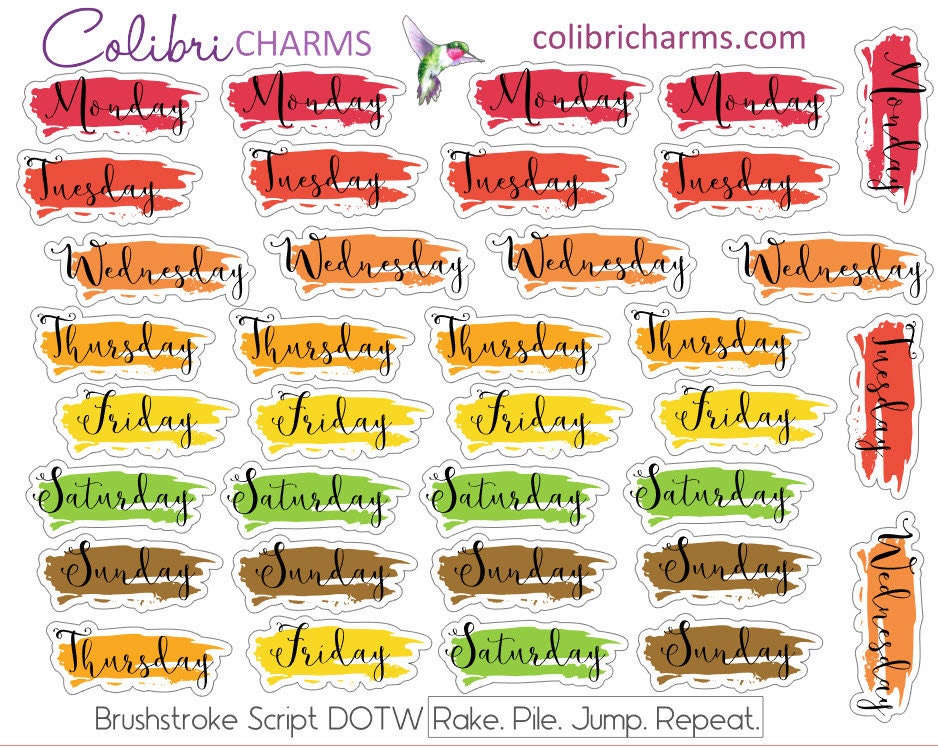 Rake. Pile. Jump. Repeat. Days of the Week Planner Stickers | Watercolor DOTW Stickers | Number Stickers | Date Dots | Date Stickers