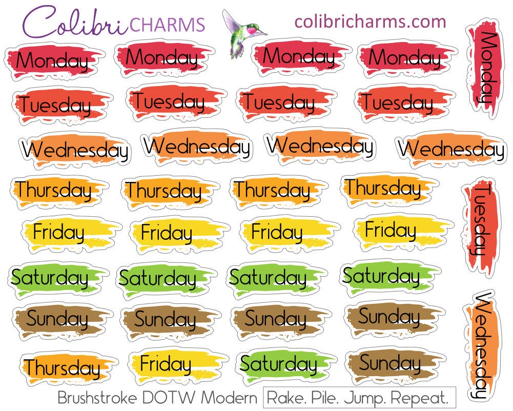 Rake. Pile. Jump. Repeat. Days of the Week Planner Stickers | Watercolor DOTW Stickers | Number Stickers | Date Dots | Date Stickers