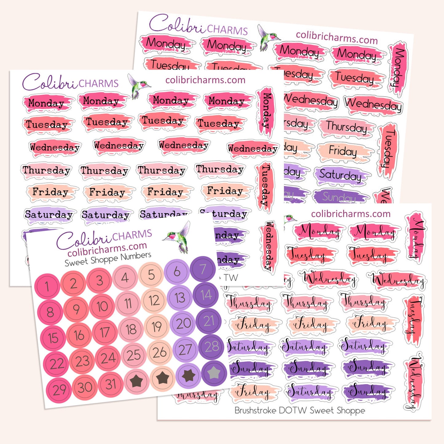 Sweet Shoppe Brushstroke Days of the Week Planner Stickers | Watercolor DOTW Stickers | Number Stickers | Date Dots | Date Stickers