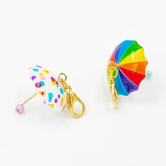Rainbow Umbrella Bookmark | Colorful 3D Umbrella Charm | Polka Dot Umbrella Stitch Marker