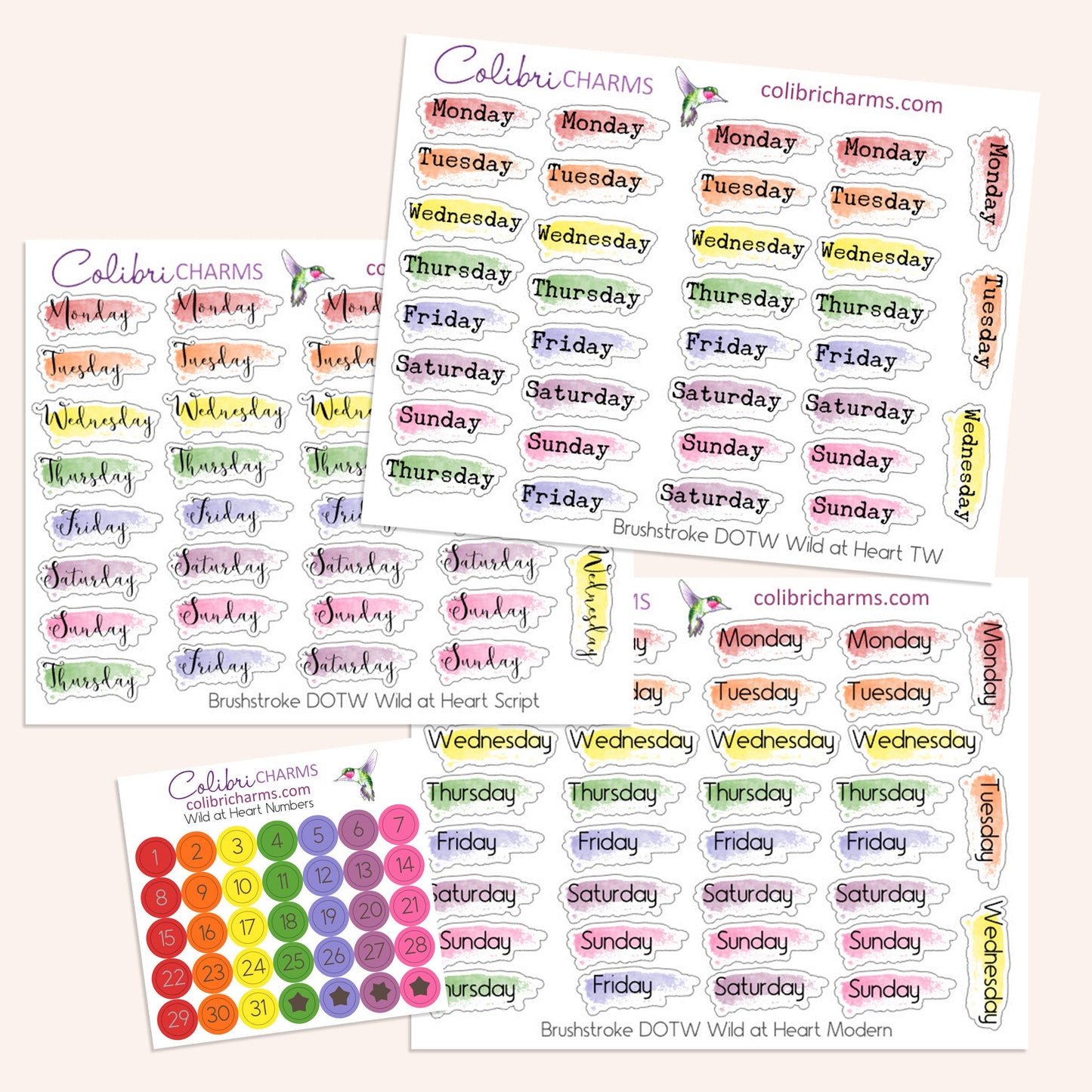 Wild at Heart Brushstroke Days of the Week Planner Stickers | Watercolor DOTW Stickers | Number Stickers | Date Dots | Date Stickers