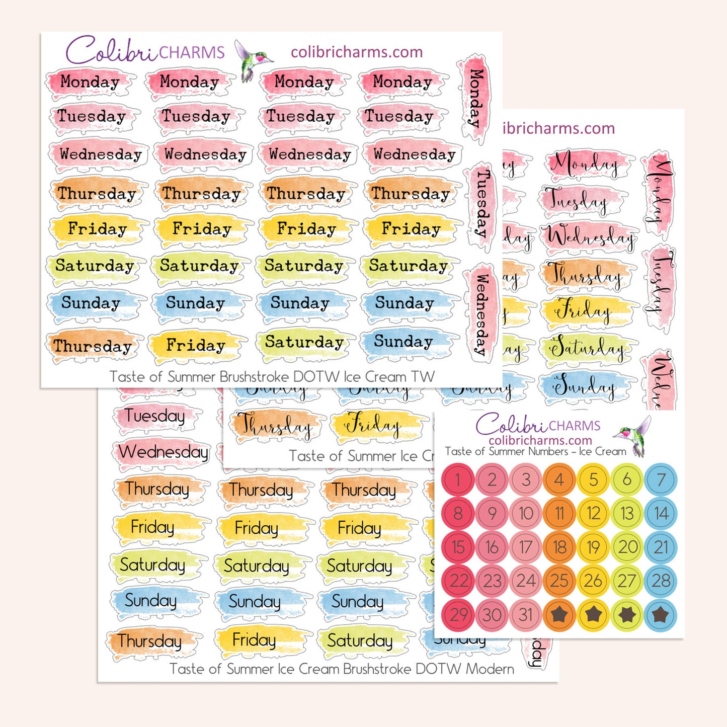 Taste of Summer Ice Cream Brushstroke Days of the Week Planner Stickers | Watercolor DOTW Stickers | Number Stickers | Date Dots