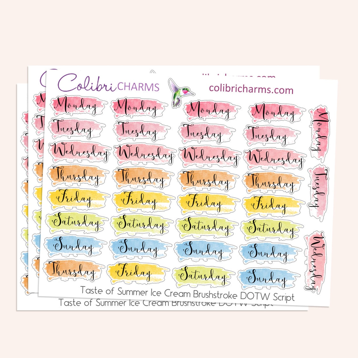 Taste of Summer Ice Cream Brushstroke Days of the Week Planner Stickers | Watercolor DOTW Stickers | Number Stickers | Date Dots
