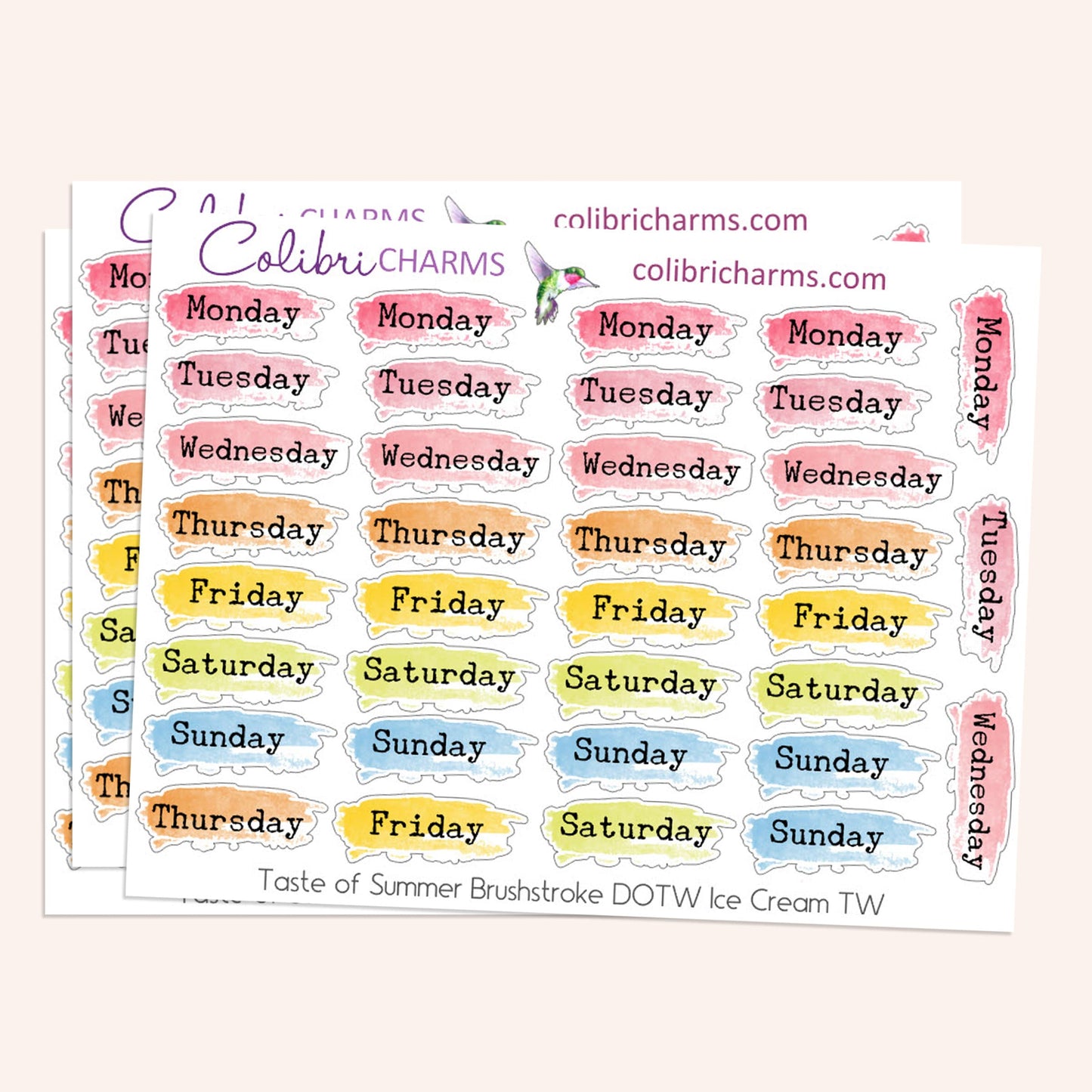 Taste of Summer Ice Cream Brushstroke Days of the Week Planner Stickers | Watercolor DOTW Stickers | Number Stickers | Date Dots