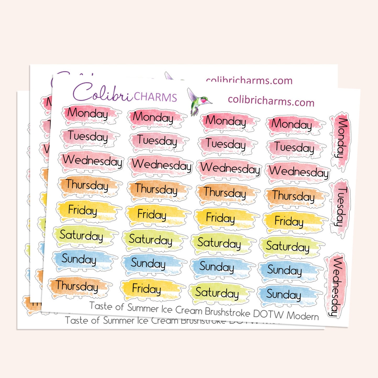 Taste of Summer Ice Cream Brushstroke Days of the Week Planner Stickers | Watercolor DOTW Stickers | Number Stickers | Date Dots