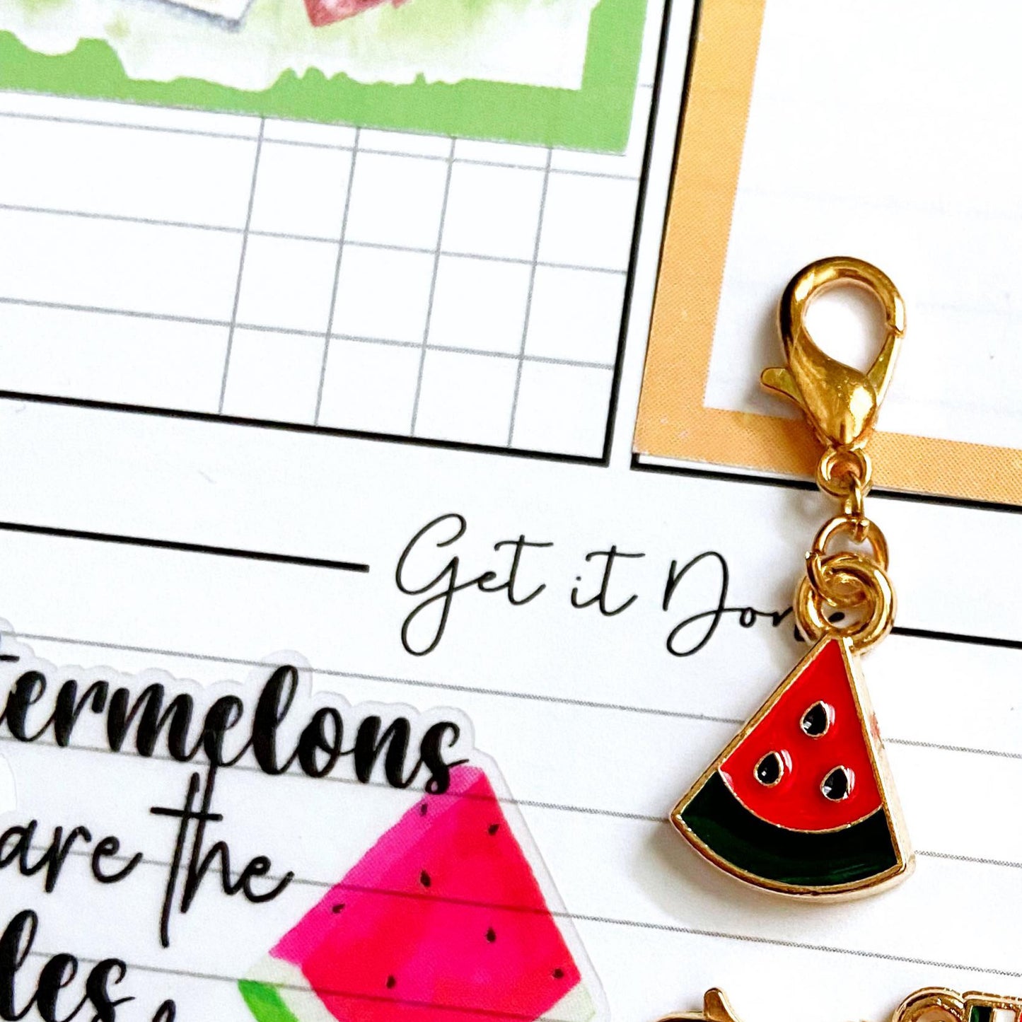 Watermelon Charms | Enamel Fruit Planner Clip | Watermelon Slice Stitch Marker | Progress Keeper