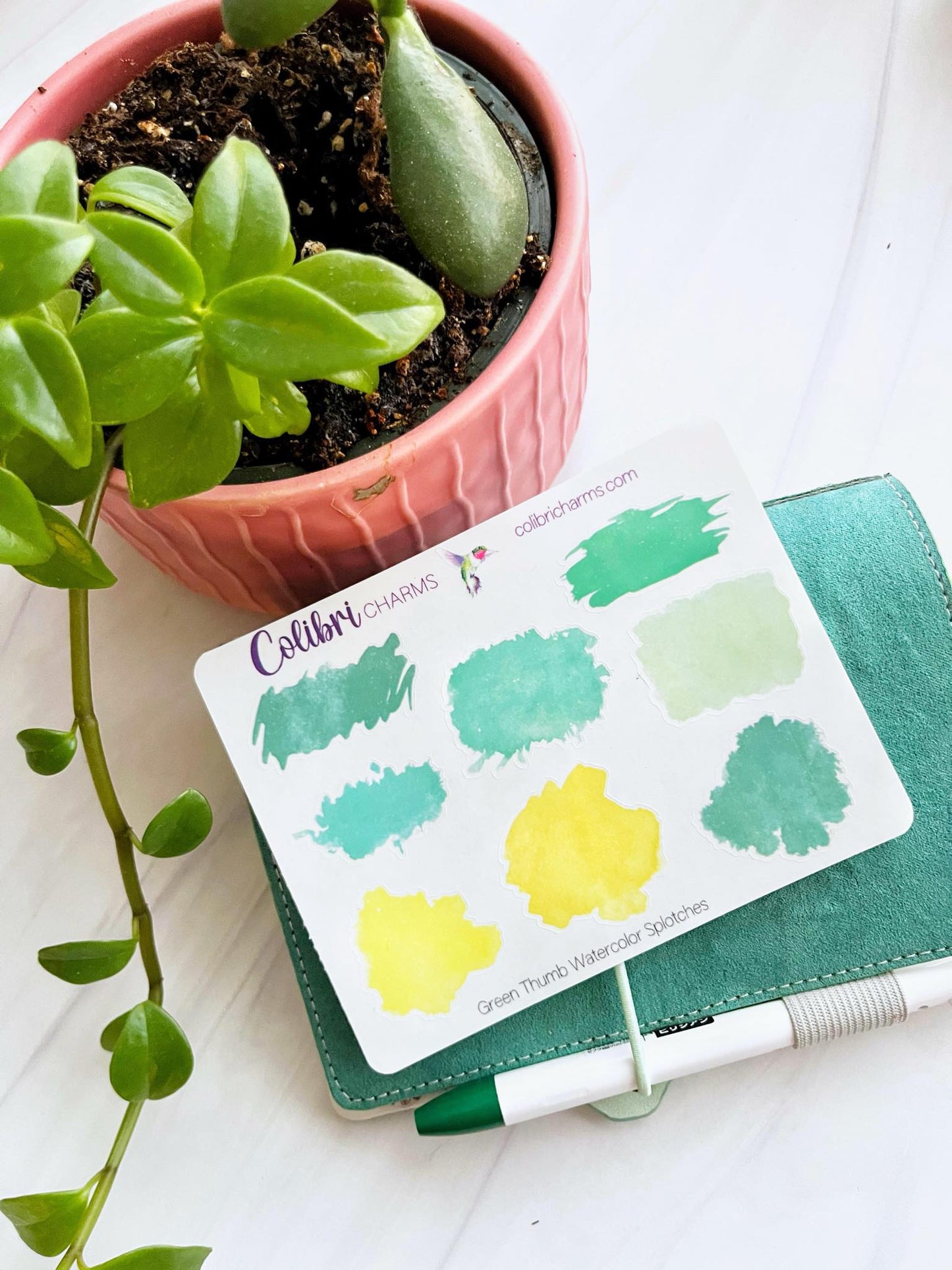 Green Thumb Watercolor Splotches Planner Stickers, Green Yellow Paint Swatch Stickers, Decorative Planner