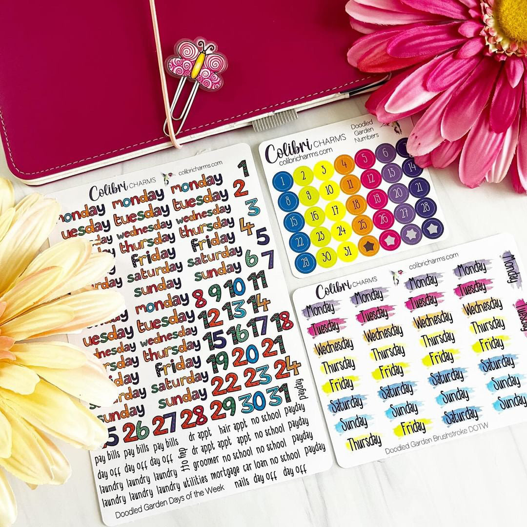 Doodled Garden Brushstroke Days of the Week Planner Stickers | Colorful Watercolor DOTW | Number Stickers | Date Dots