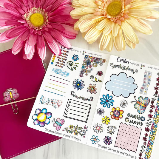 Doodled Garden Journal Kit | Planner  Stickers | Whimsical Floral Journaling | Hand Drawn Bujo Kit | Seasonal Planner Stickers