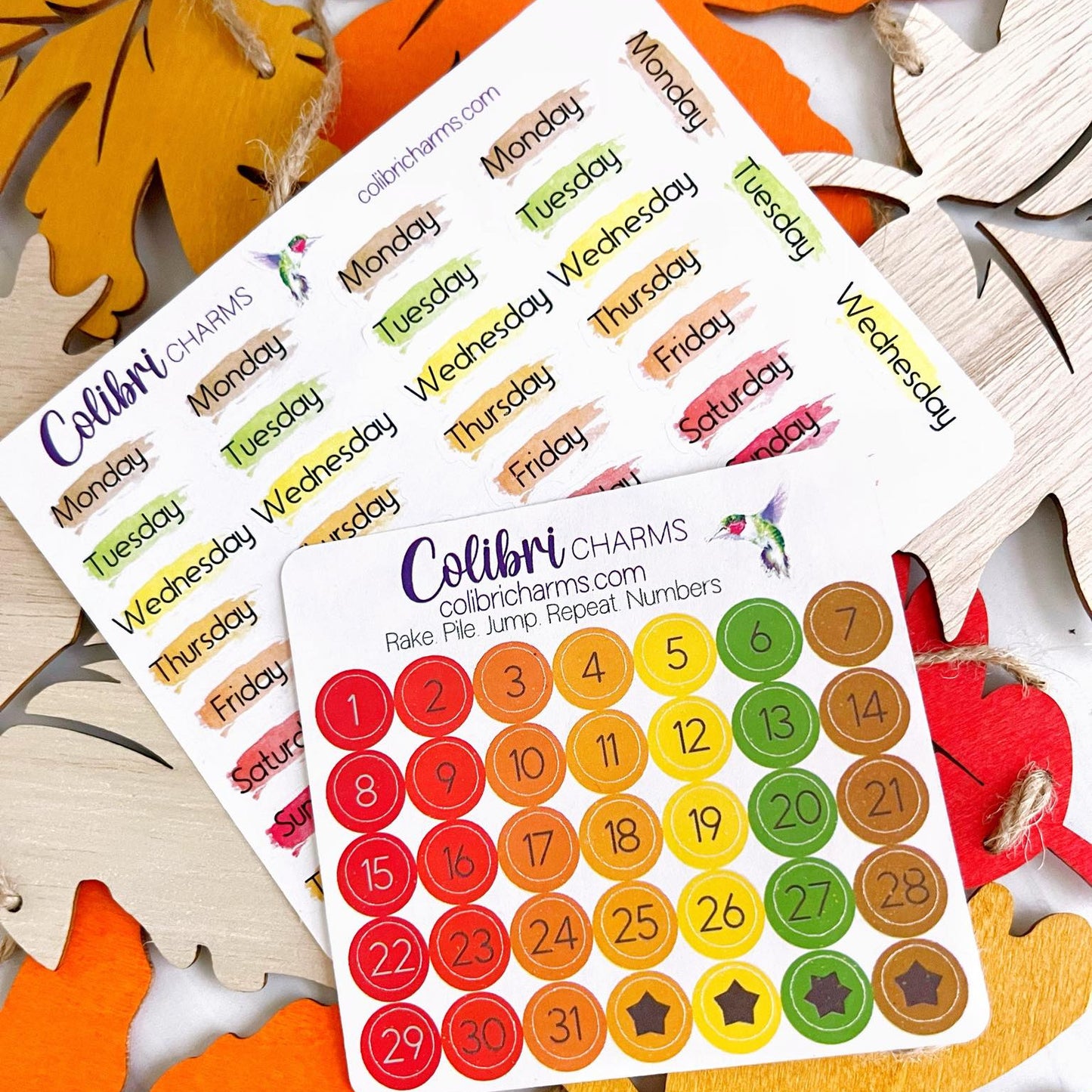 Rake. Pile. Jump. Repeat. Brushstroke Days of the Week Planner Stickers, Colorful Watercolor DOTW, Number Stickers, Date Dots