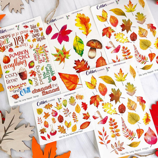 Rake. Pile. Jump. Repeat.  Planner Stickers, Autumn Deco Stickers, Falling Leaves Deco, Fall Planner Sticker Kit, Seasonal Planner Stickers