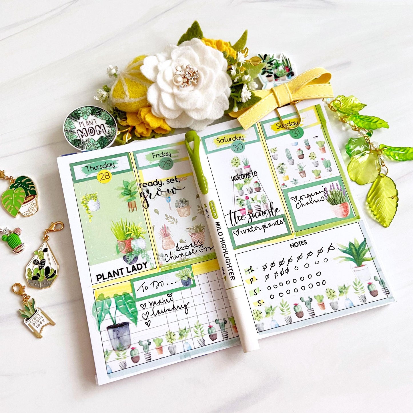 Green Thumb Brushstroke Days of the Week Planner Stickers | Watercolor DOTW Stickers | Number Stickers | Date Dots | Date Stickers