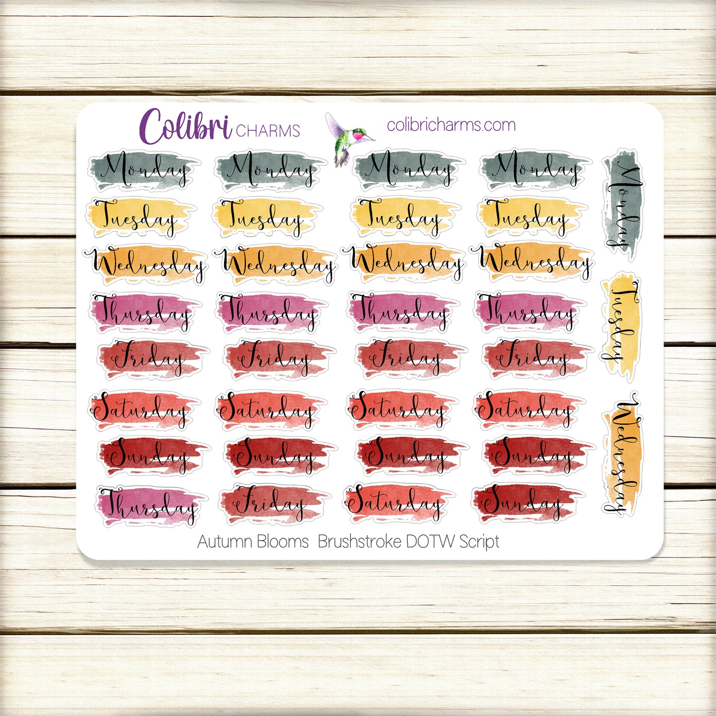 Autumn Blooms Brushstroke Days of the Week Planner Stickers | Colorful Watercolor DOTW | Number Stickers | Date Dots