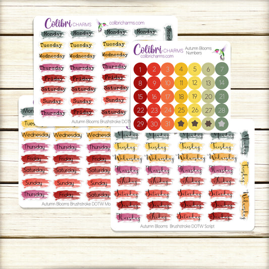 Autumn Blooms Brushstroke Days of the Week Planner Stickers | Colorful Watercolor DOTW | Number Stickers | Date Dots