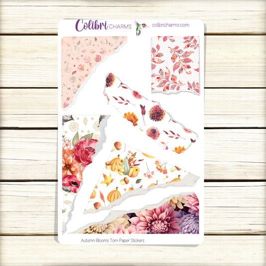 Autumn Blooms Torn Paper Stickers | Fall Floral Deco Planner Stickers | Distressed Ripped Paper