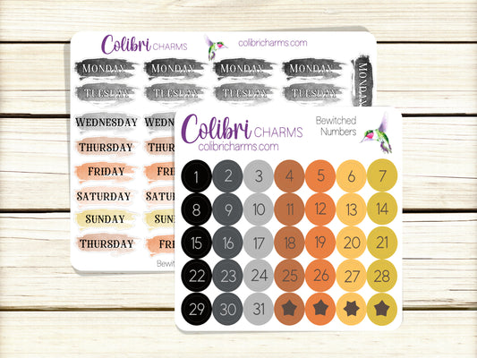 Bewitched Days of the Week Planner Stickers, Colorful Watercolor DOTW, Number Stickers, Date Dots