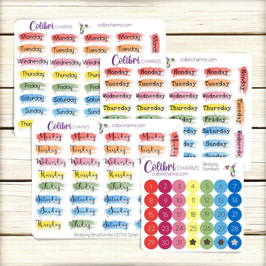 Birdsong Brushstroke Days of the Week Planner Stickers | Colorful Watercolor DOTW | Number Stickers | Date Dots
