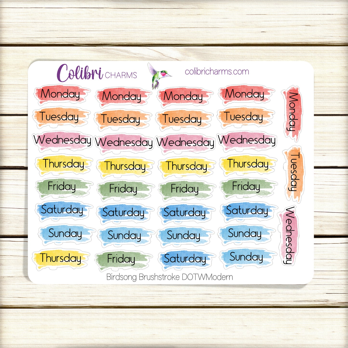 Birdsong Brushstroke Days of the Week Planner Stickers | Colorful Watercolor DOTW | Number Stickers | Date Dots