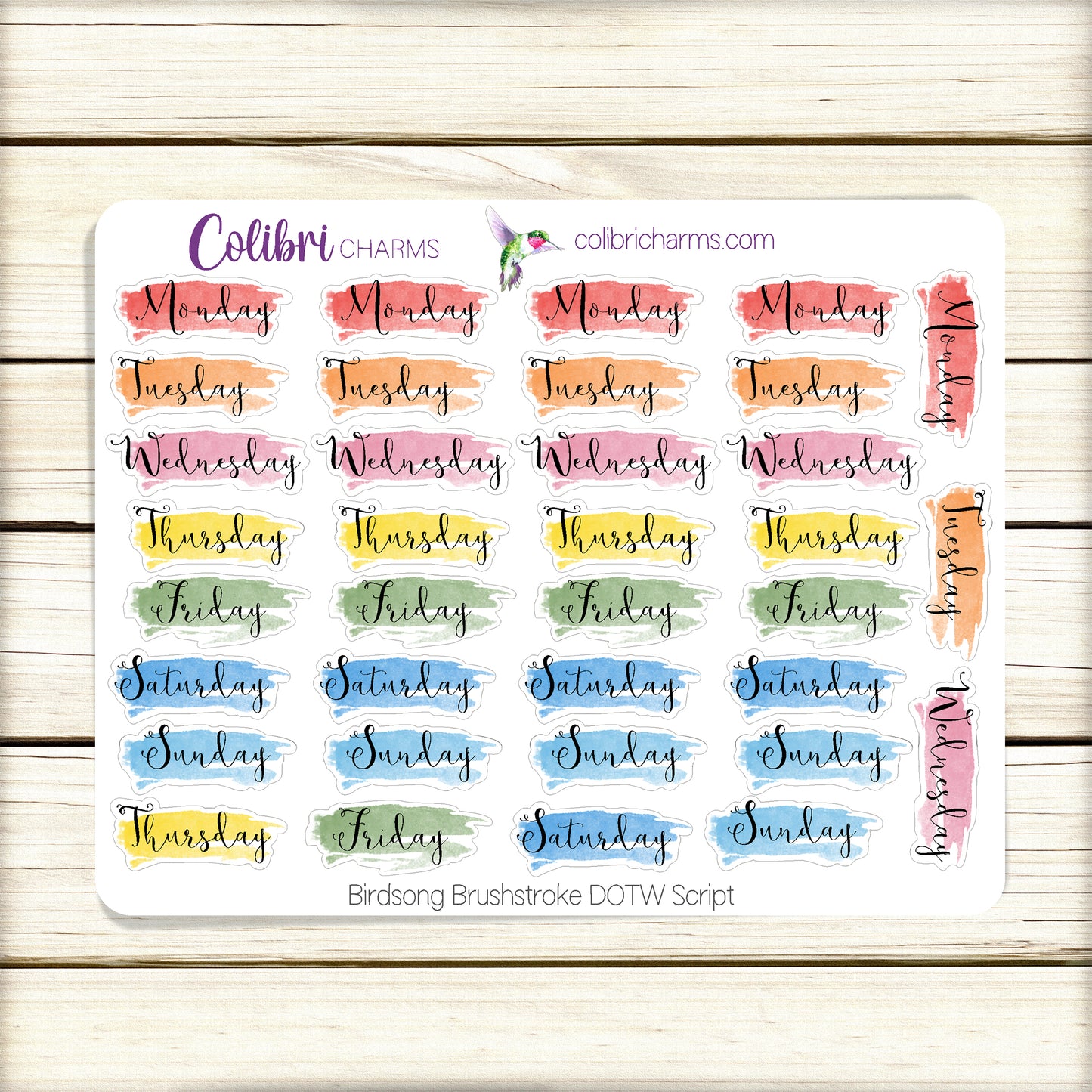 Birdsong Brushstroke Days of the Week Planner Stickers | Colorful Watercolor DOTW | Number Stickers | Date Dots