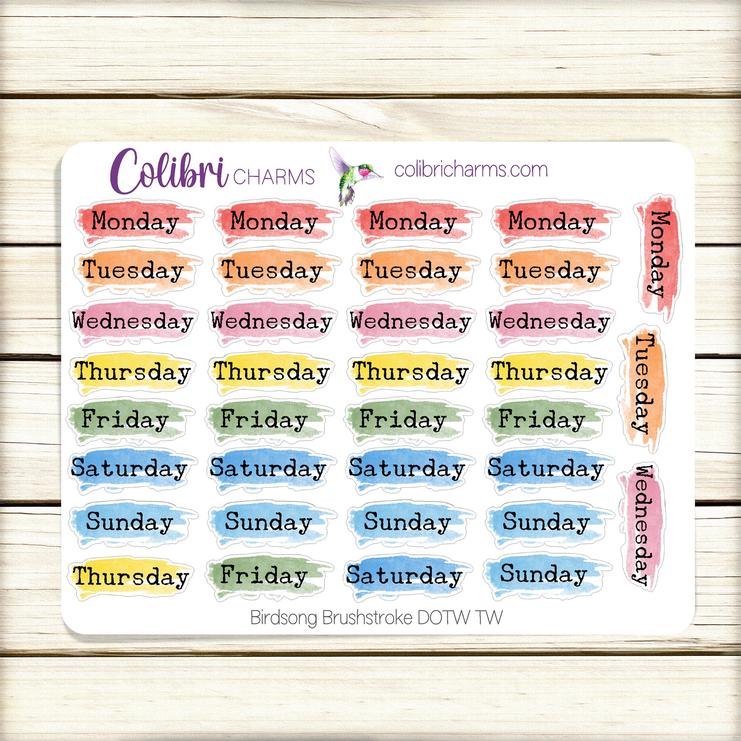 Birdsong Brushstroke Days of the Week Planner Stickers | Colorful Watercolor DOTW | Number Stickers | Date Dots