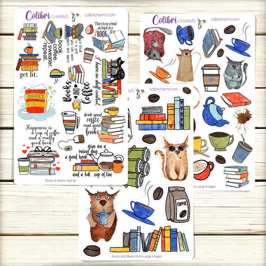 Books & Beans Planner Stickers | Reading Stickers | Coffee and Cats Planner Sticker Kit | Seasonal Planner Stickers