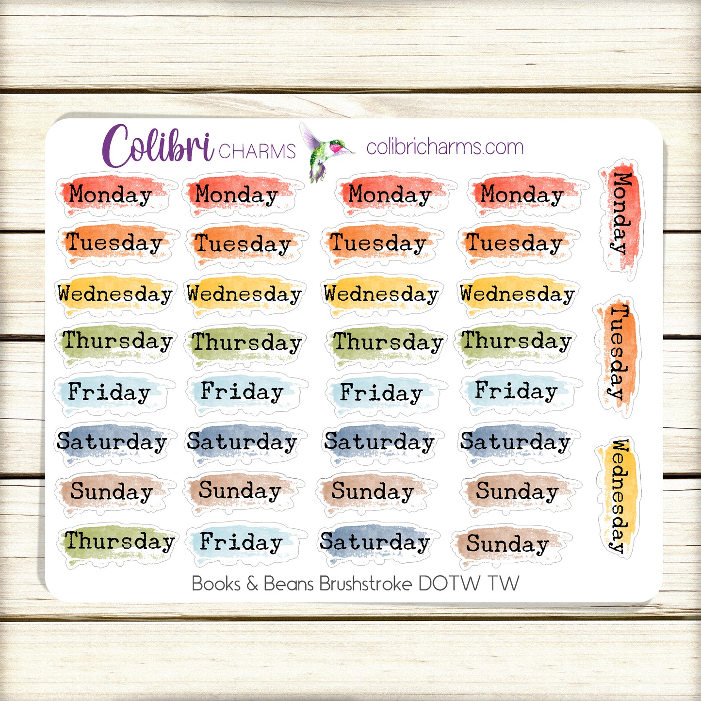 Books & Beans Brushstroke Days of the Week Planner Stickers | Watercolor DOTW | Number Stickers | Date Dots | Back to School