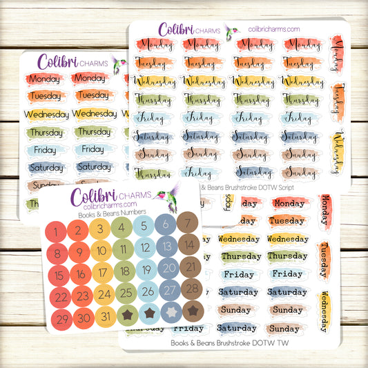 Books & Beans Brushstroke Days of the Week Planner Stickers | Watercolor DOTW | Number Stickers | Date Dots | Back to School