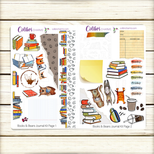 Books & Beans Journal Kit | Avid Reader Planner Decor | Coffee Lover Stickers | Cat Fancier Planner Stickers | Bullet | Bujo