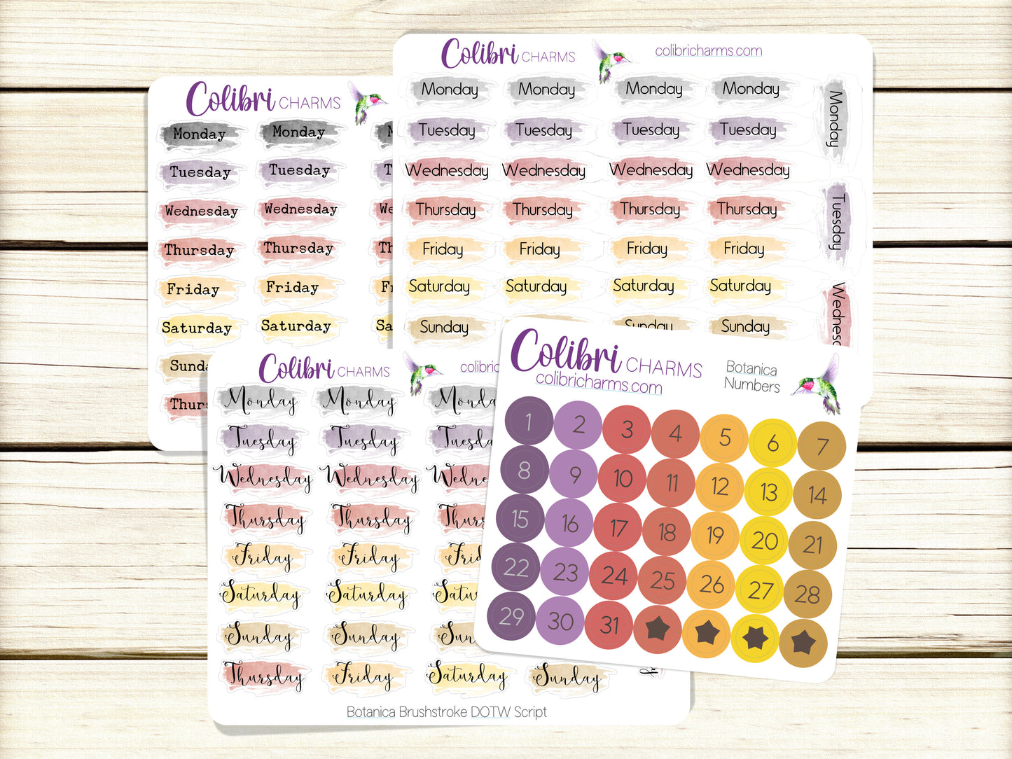 Botanica Days of the Week Planner Stickers, Colorful Watercolor DOTW, Number Stickers, Date Dots