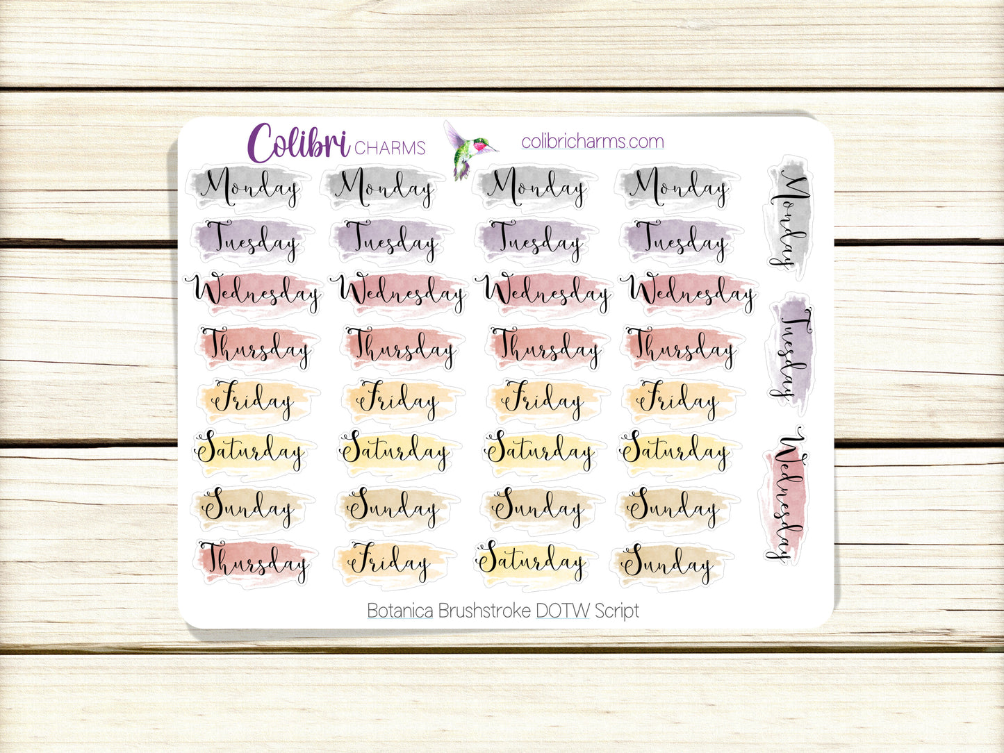 Botanica Days of the Week Planner Stickers, Colorful Watercolor DOTW, Number Stickers, Date Dots